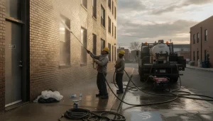 Commercial building exterior pressure washing in Denver with vents directed away from entrances for safety